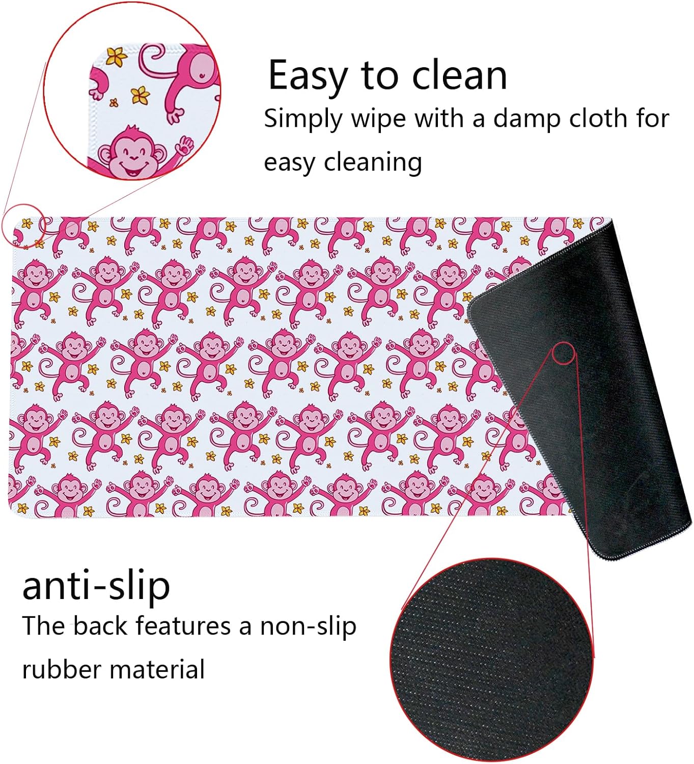 Cute Pink Monkey Mouse Pad,Pink Monkeys Decor for Girly Room Desk Mouse Pad,Preppy Girly Large Desk Mat for Dorm Home Office,Teen Girl Monkey Gifts,31.5x11.8 Inch