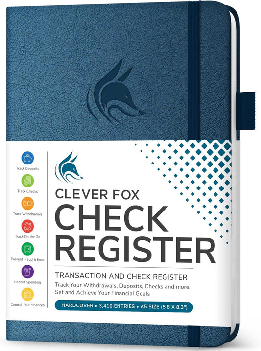 Clever Fox Check Register Book - Deluxe Transaction Register, Accounting Ledger Book, Checkbook Register & Checking Account Register Book for Personal and Work Use, A5 Hardcover - Mystic Blue