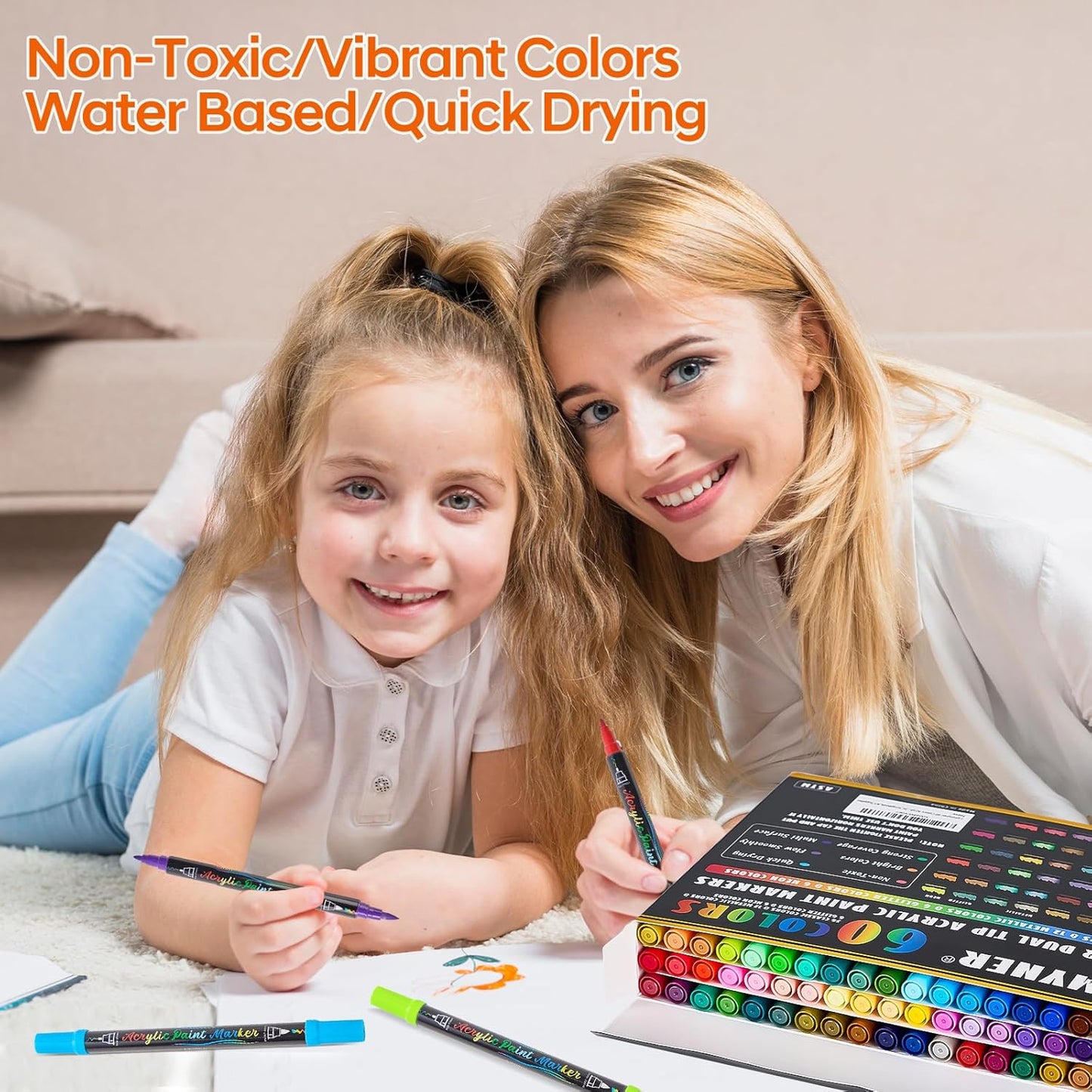 60 Colors Acrylic Paint Pens,Dual Tip Acrylic Markers with Fine Tip and Brush Tip,Acrylic Paint Markers for Rock Painting,Fabric,Crafts,Wood,Glass,Canvas,Plastic,Scrapbook,Art Supplies