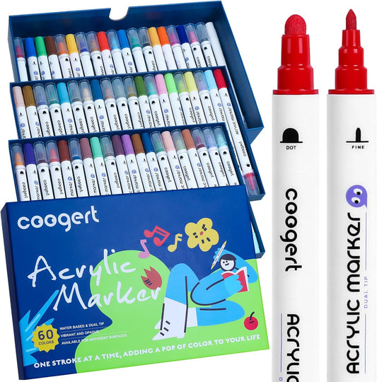 60 Colors Dual Tip Acrylic Paint Markers,Fine Tip and Dot Tip Acrylic Paint Pens For Rock Painting, Canvas, Wood, Glass, Ceramic, Fabric, Plastic, Egg, Art Painting Supplies Kit