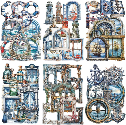 60 Pieces Vintage Maritime Themed Cardstock Cutout Frame Stickers, Aesthetic Scrapbook Stickers for DIY Diary Junk Journal Handbook Album Decoration Label Sticker Journaling Scrapbooking Supplies