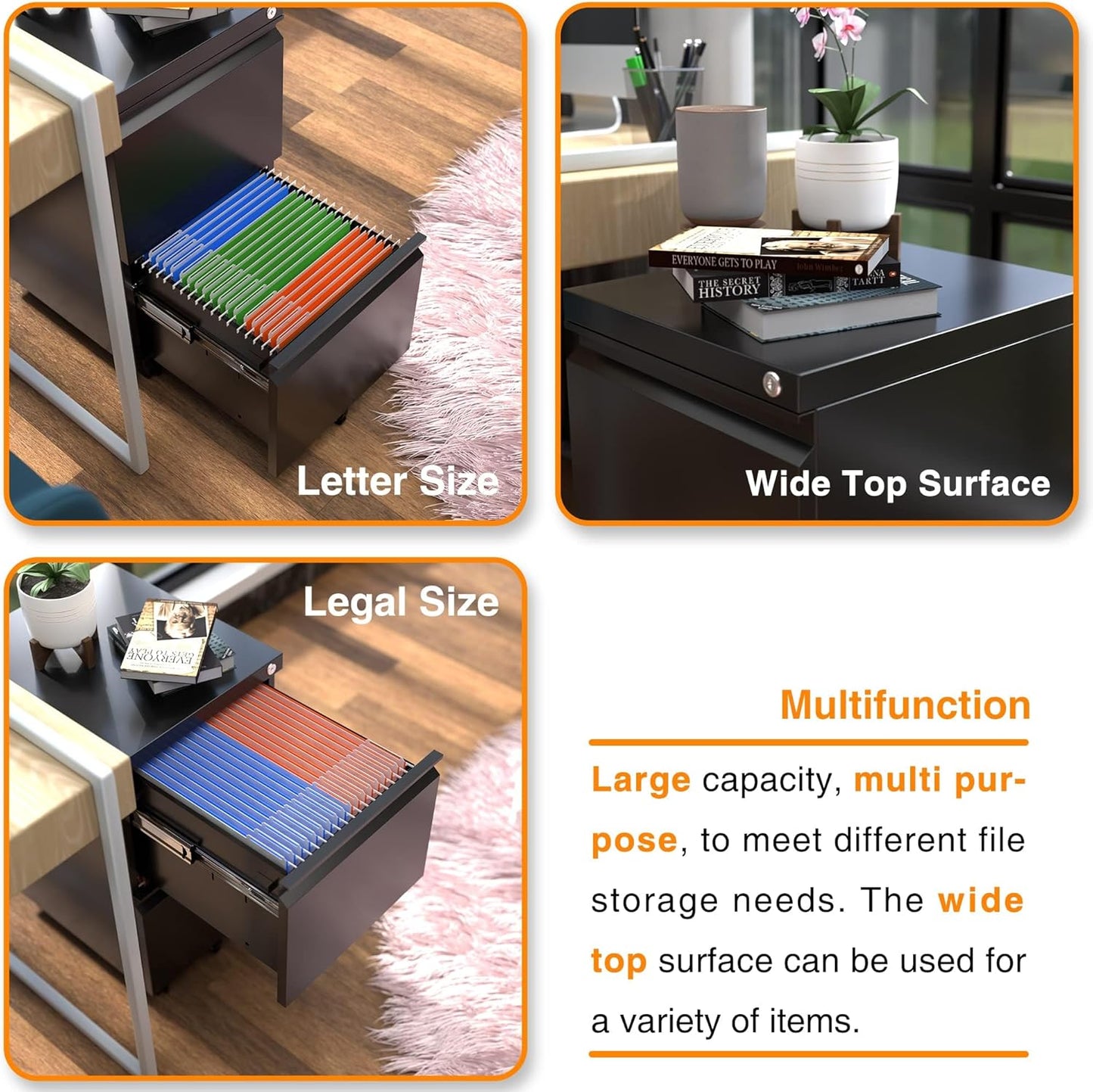 Aobabo Metal 2 Drawer Mobile File Cabinet with Lock, Under Desk Office Steel Filing Cabinet, 25.6''H Legal/Letter Size, Black, Fully Assembled Except Wheels