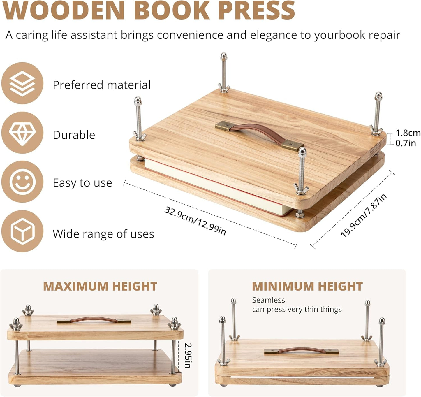 Wooden Book Press - 14.7x11.4 Large Craft Press with Comfort Grip Handle & Non-Slip Round Foot Pads, Ideal for Bookbinding, Scrapbooking, and DIY Projects