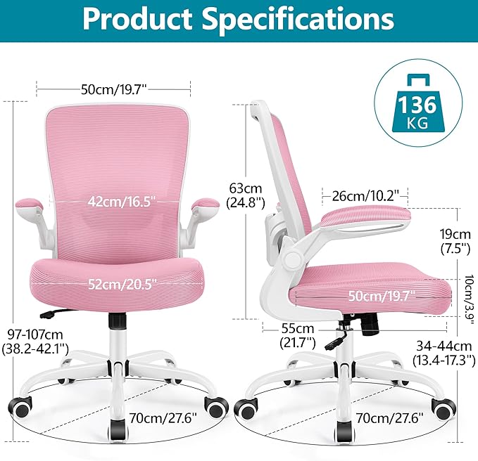 FelixKing Office Chair, Ergonomic Desk Chair Breathable Mesh Chairs with Adjustable High Back Lumbar Support Flip-up Armrests, Executive Swivel Comfy Task Computer Chairs for Home Office Pink
