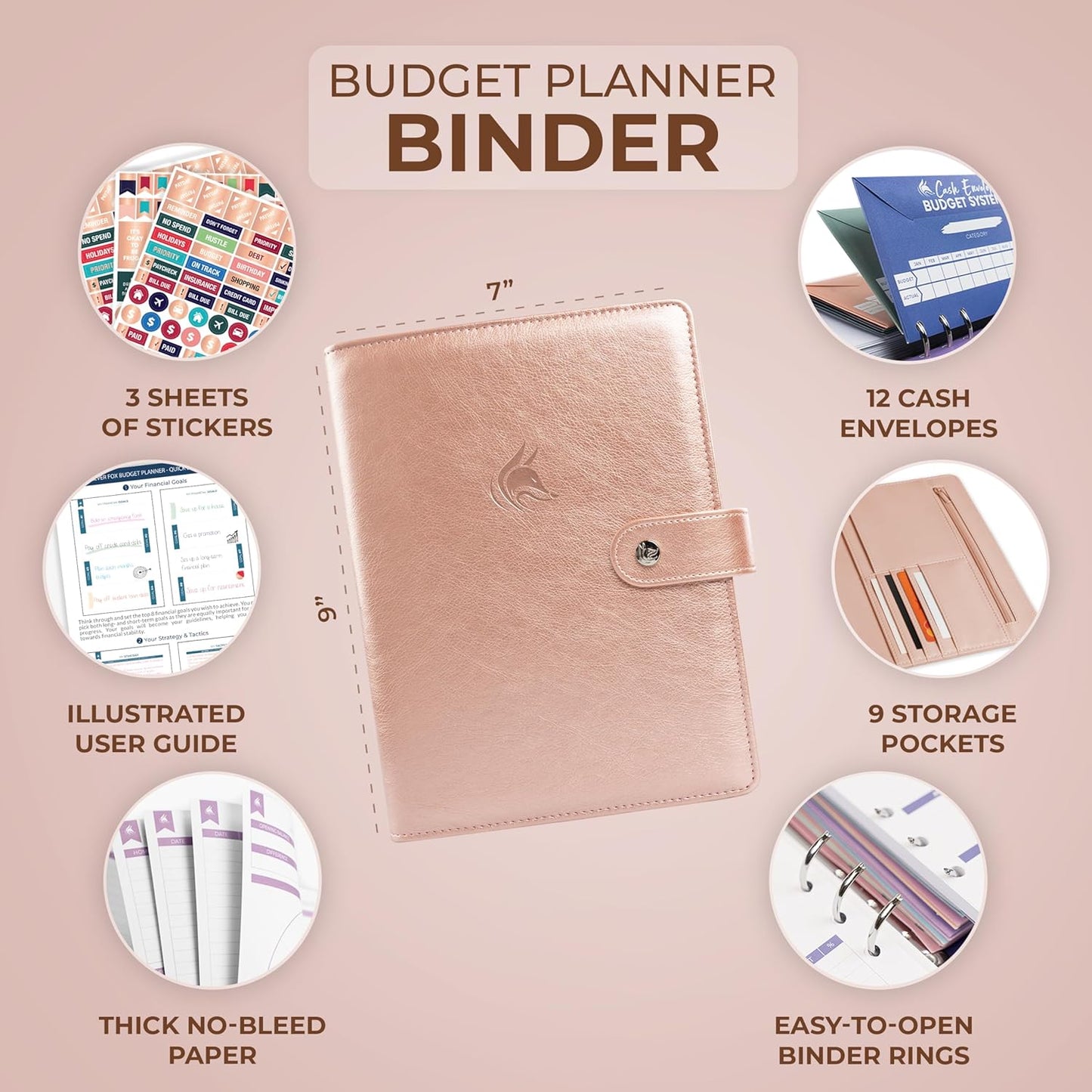 Clever Fox Budget Planner Binder – Monthly Financial Organizer Book with Pockets, Bill Tracker, Expense Tracker & Cash Envelopes – Undated Finance Journal for Budgeting – 7″ x 9″ (Rose Gold)
