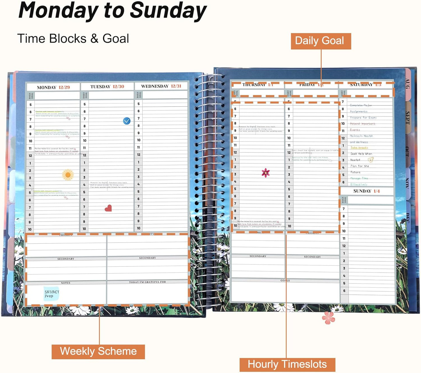 CAGIE Planner 2026 Monthly (Jan. 26-Dec. 26), 12 Month Academic Planner 8.5"x11", Large Daily Planner with Hourly Timeslot, Monthly Tab, Spiral Binding, Bookmark