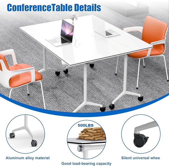 Conference Table, Folding Conference Desk Modern White, Seminar Table with Wheels, 2-10 People for Office, Meeting Break Room (6, 1915, 47IN)