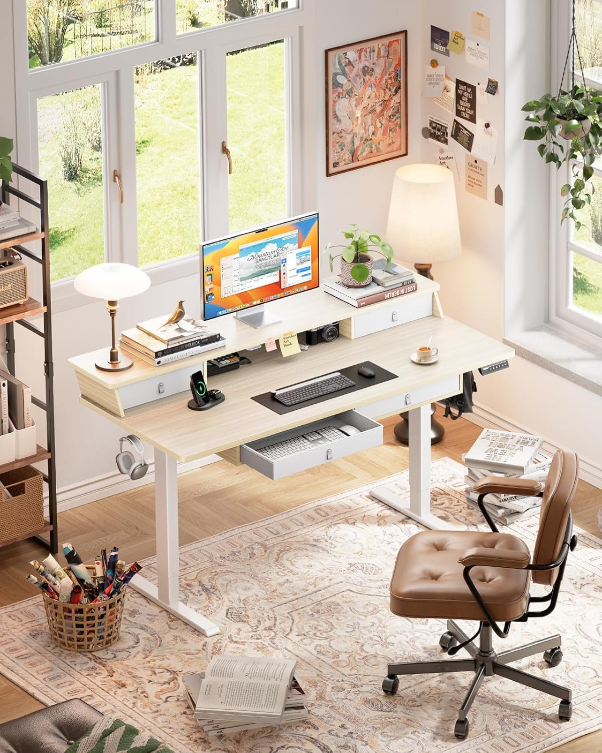 ErGear Electric Standing Desk with 4 Drawers, 63" x 30" Height Adjustable Desk with Storage, C-Clamp Mount Compatible, Computer Home Office Table with Cable Management Tray, Natural