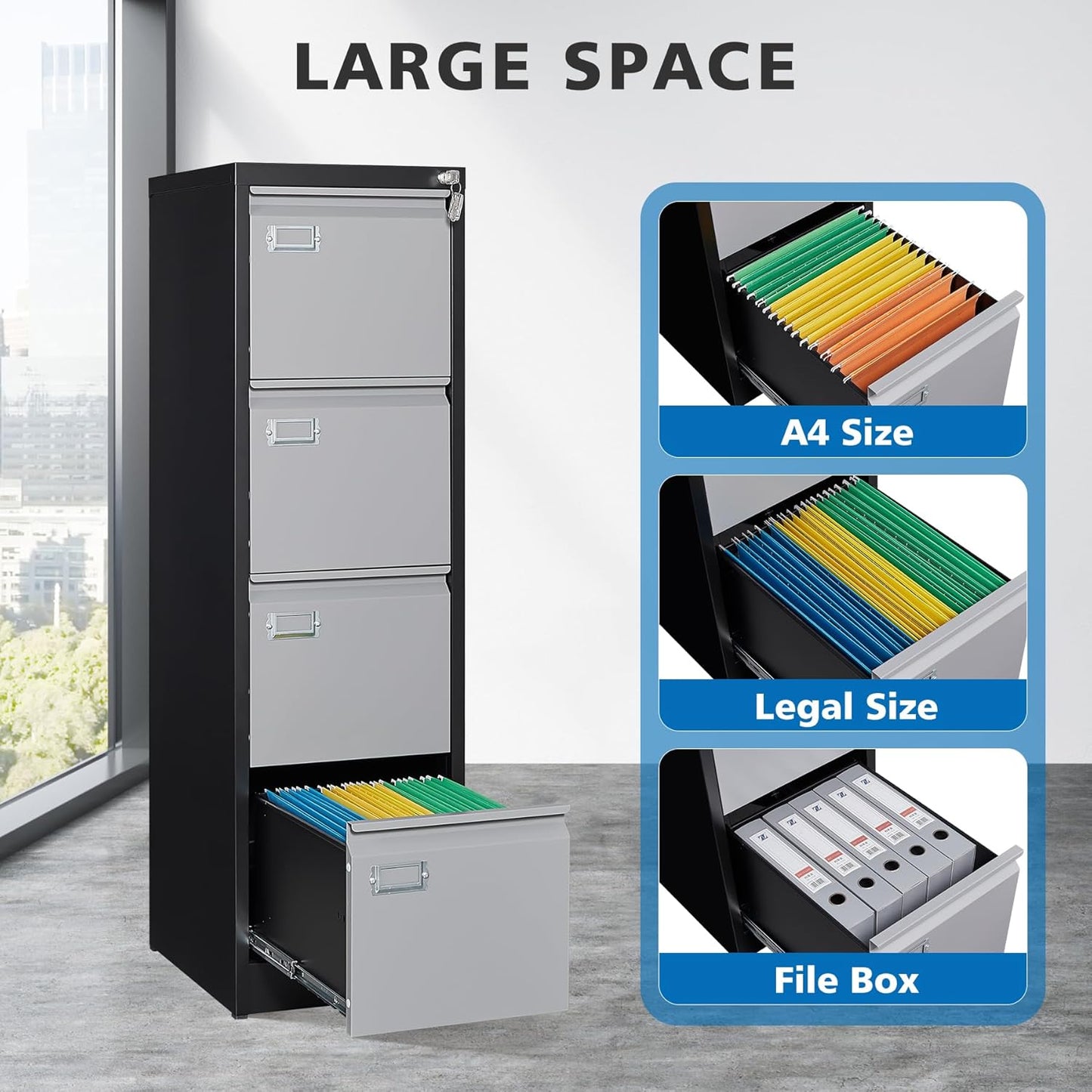 4 Drawer File Cabinet with Lock Metal Vertical Filing Cabinet Office Home Lateral File Cabinet for A4 Legal/Letter Size,Assembly Required (Black Gray, 4 Drawers-Vertical)