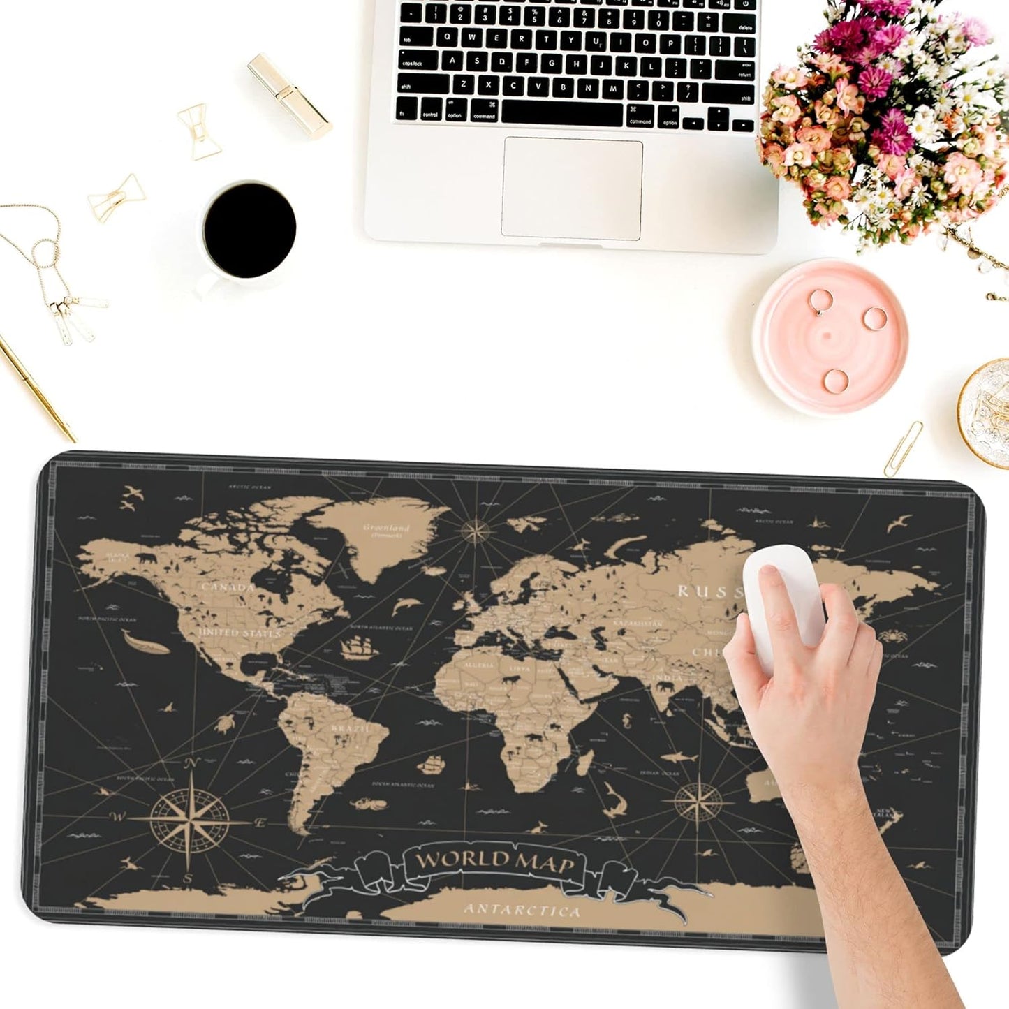 Desk Mat,Vintage World Map Extended Gaming Mouse Pad for Office Work & Game,Computer Keyboard Mouse Mat Desk Non-Slip Rubber Base Large Mousepad with Stitched Edges, 31.5x15.7inch