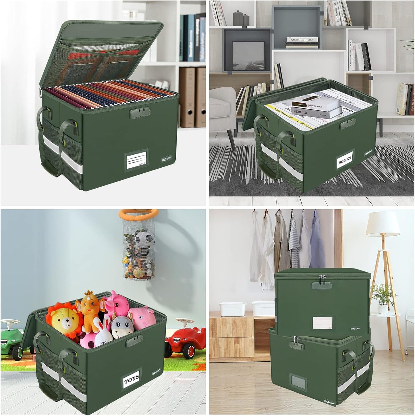 ENGPOW File Box with Lock, Fireproof Document Box with Pockets, Collapsible File Organizer Filing Storage Cabinet with Handle, Portable Home Office Safe for Hanging Letter/Legal Folders,Green,2 Pack