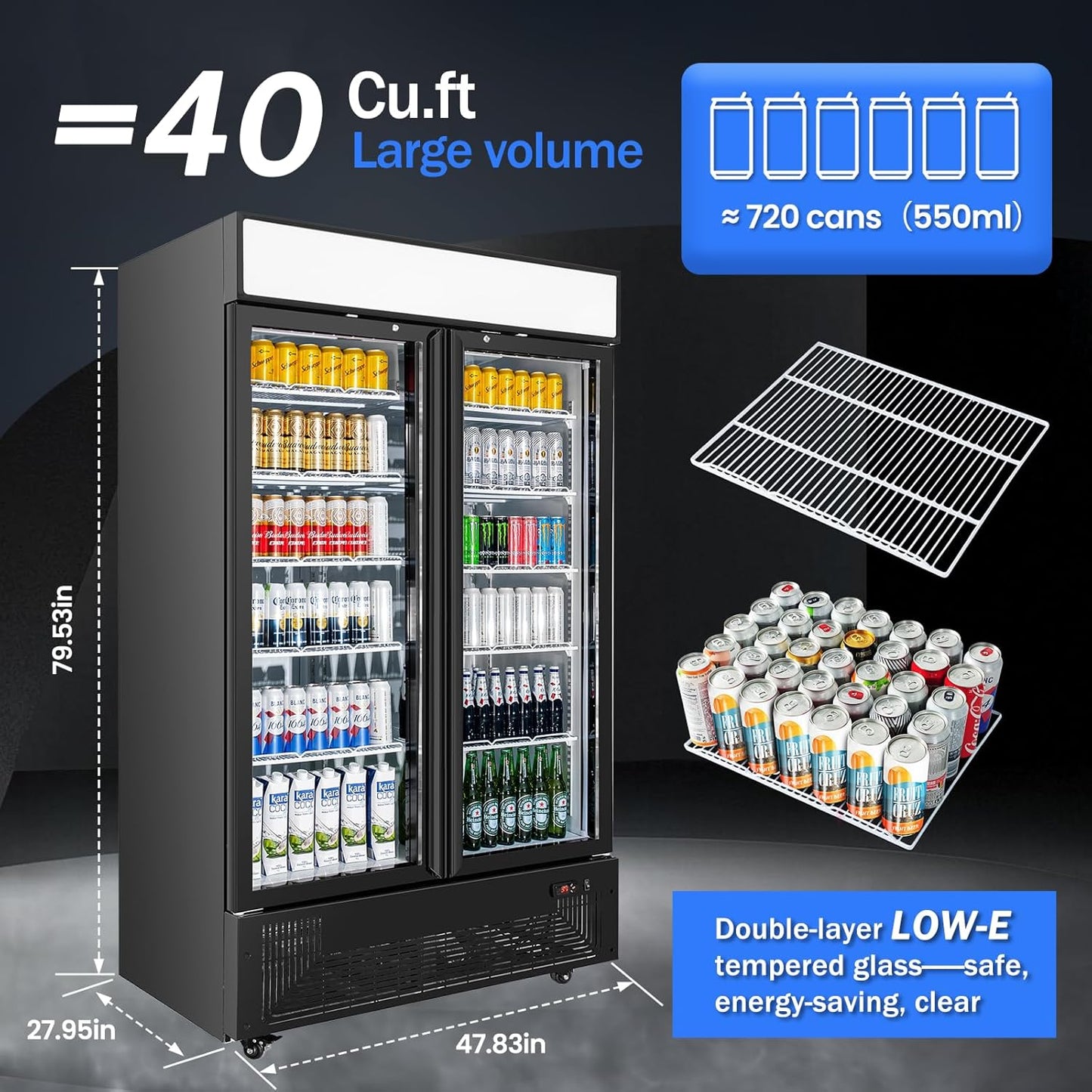 Commercial Merchandiser Display Refrigerator 40 Cu.ft. with 2 Glass Doors ETL Drink Cooler Beverage Fridge for Bars,Restaurants, Convenience Stores, Supermarkets and Offices