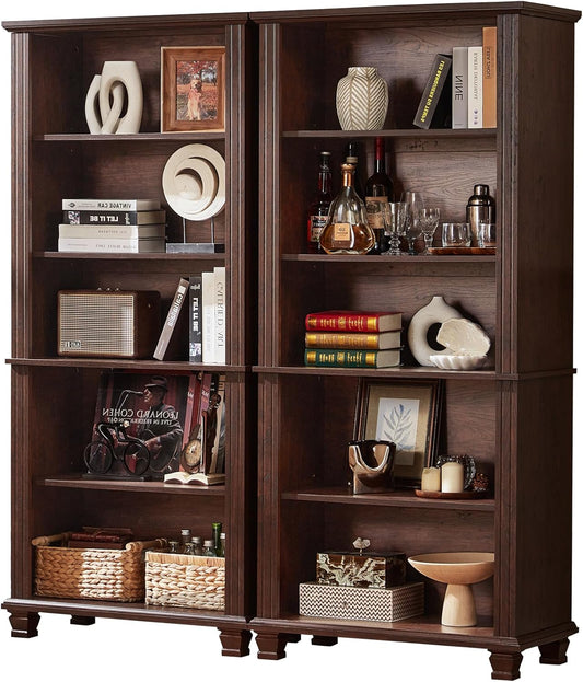 70" Tall Walnut Bookshelf,5 Tier Wooden Book Shelf with Adjustable Shelves & Wood Legs,Free Standing Farmhouse Bookcase with Open Display Storage,Vintage Bookshelves for Classroom, 2PCS