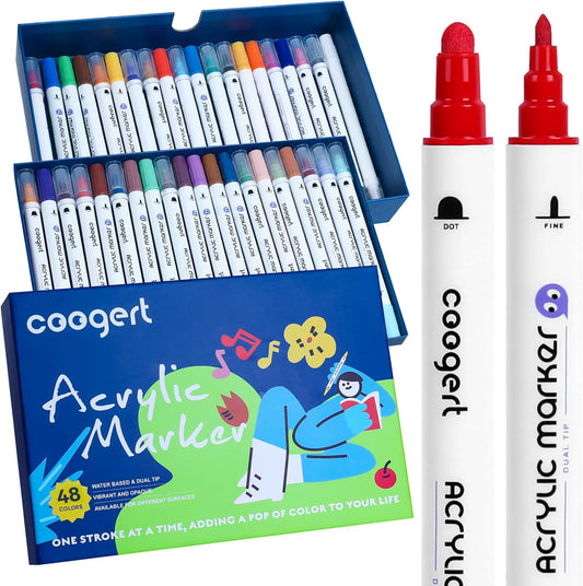 48 Colors Dual Tip Acrylic Paint Markers,Fine Tip and Dot Tip Acrylic Paint Pens For Rock Painting, Canvas, Wood, Glass, Ceramic, Fabric, Plastic, Egg, Art Painting Supplies Kit