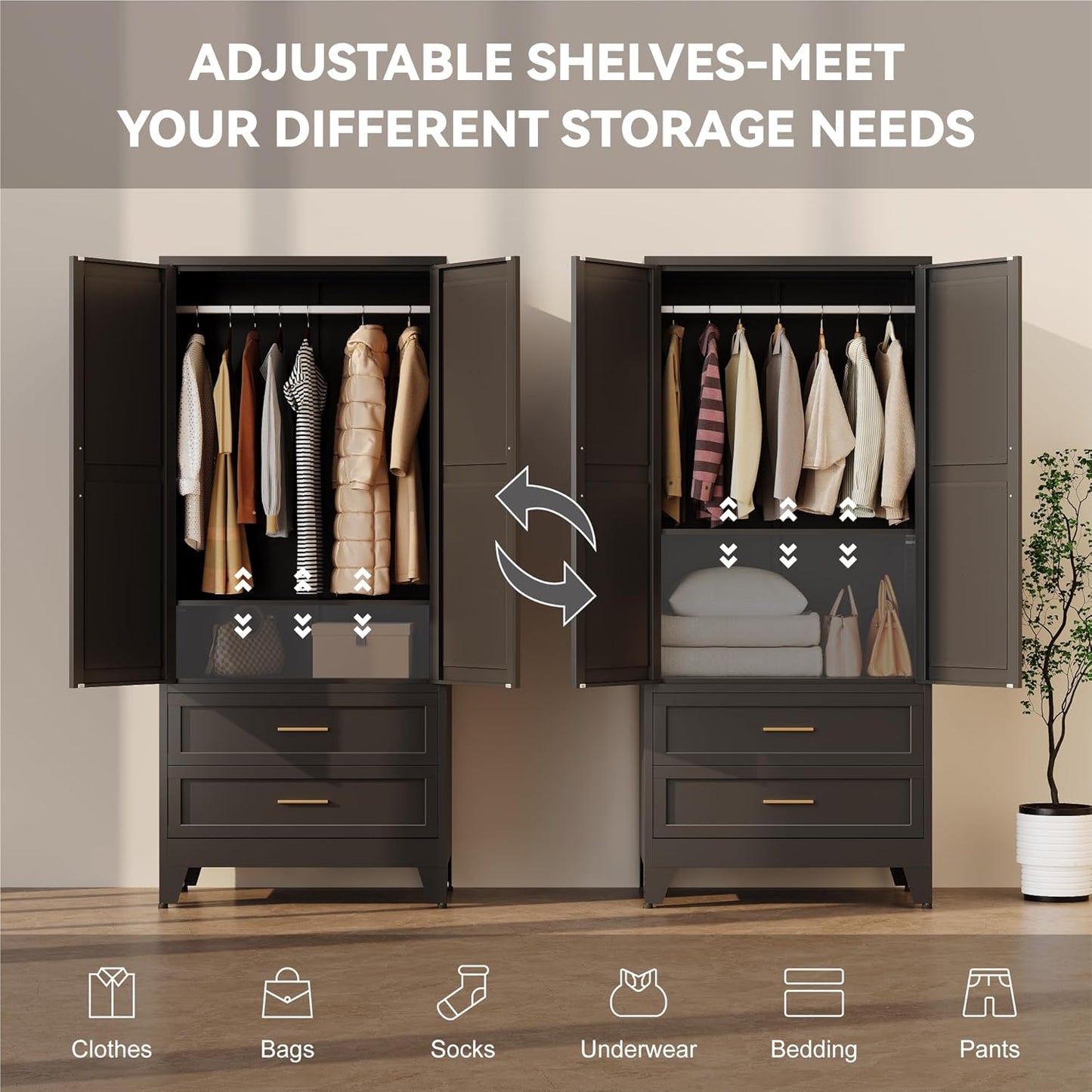 Metal Wardrobe Cabinet with Hanging Rod,71" Armoire Wardrobe Closet with Adjustable Shelves,Farmhouse Metal Clothing Storage Cabinets for Bedroom,Office,Employee,Laundry Room(Black)