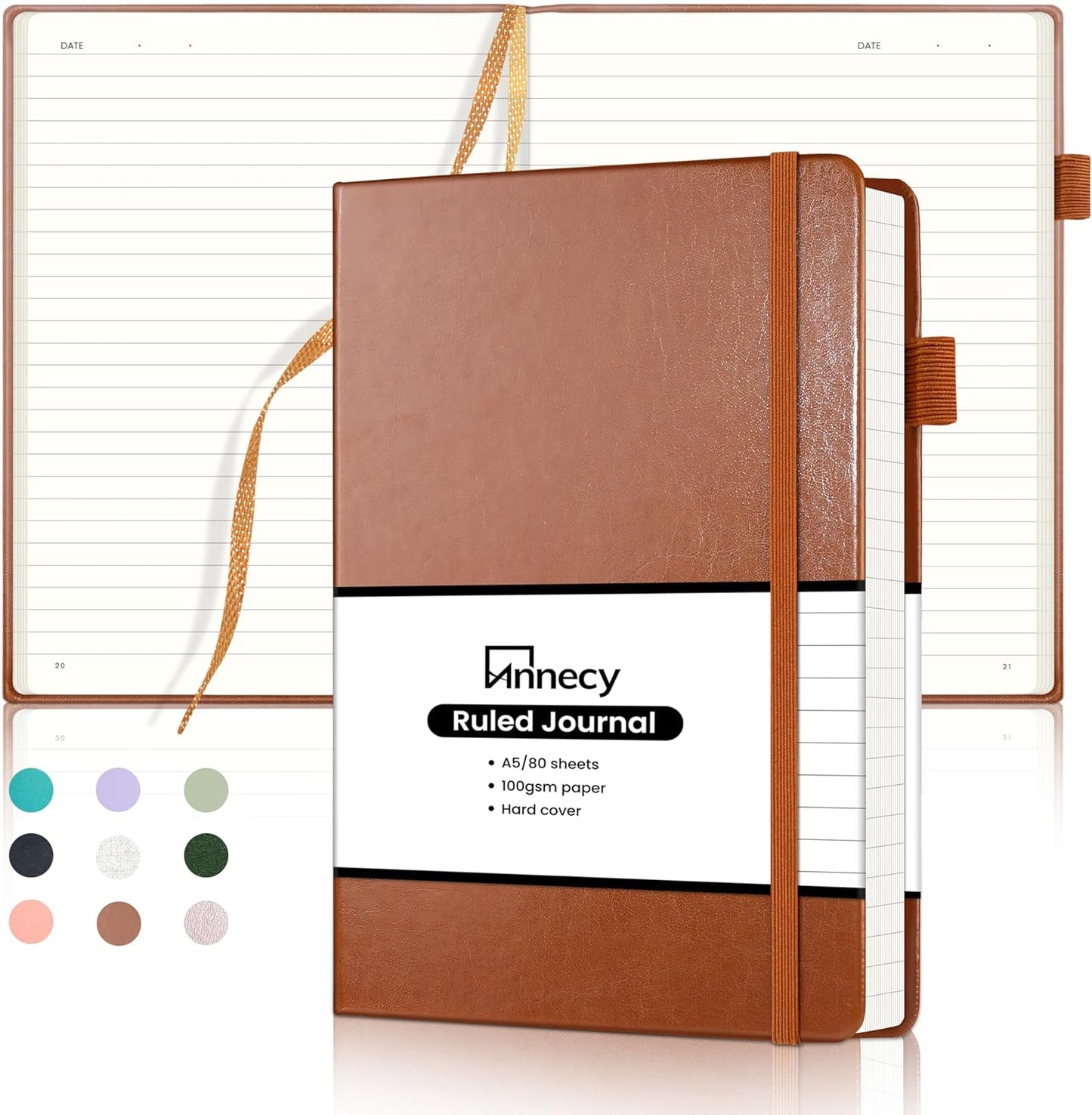 Annecy Lined Journal Notebook, Hardcover Numbered College Ruled Journal, Medium 5.5x 8.25, 160 Pages 100GSM Writing Paper, Brown