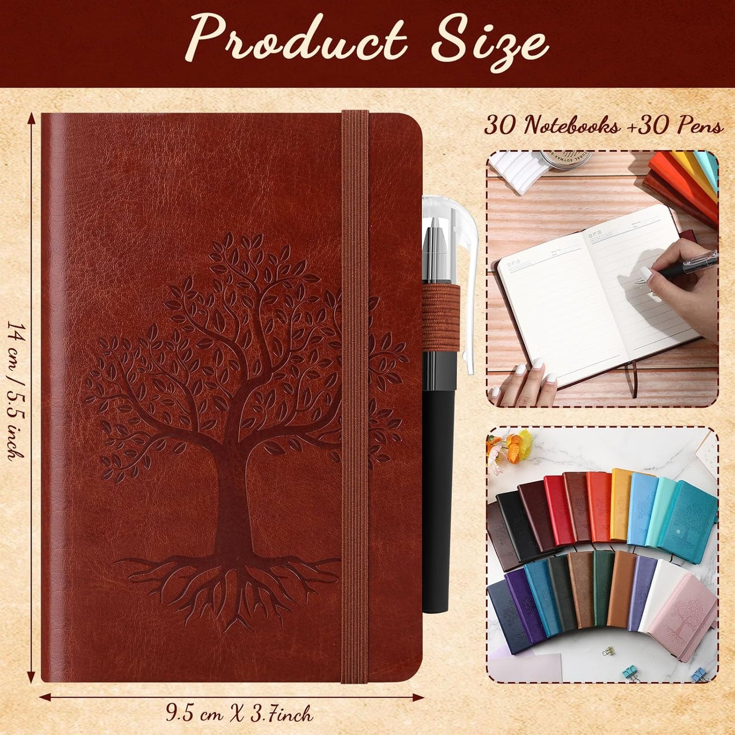 Estune Tree Small Notebooks Pen Leather Lined Pocket Subject Notebooks Hardcover Pocket Notepad Cute Ruled Leather Journals with Pen Holder for Men Women School Business, A6(Stylish Color,30 Set)