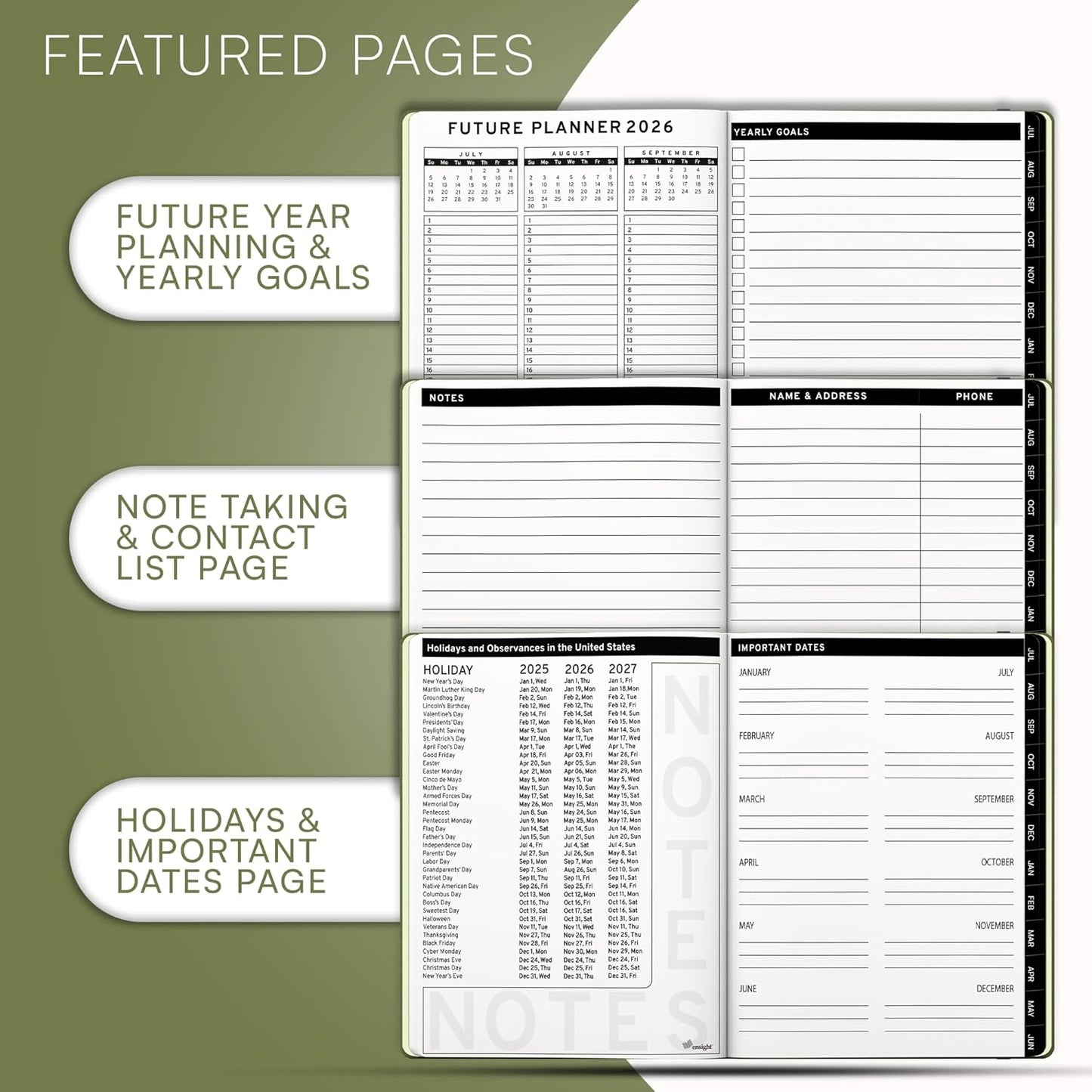 Ensight 2025-2026 HARDCOVER Leather Planner Weekly & Monthly - 8.5x11 Inches - Academic Planner Business Personal or Student - Pen Holder, Thick Paper, July 2025 - June 2026 (Olive Green)