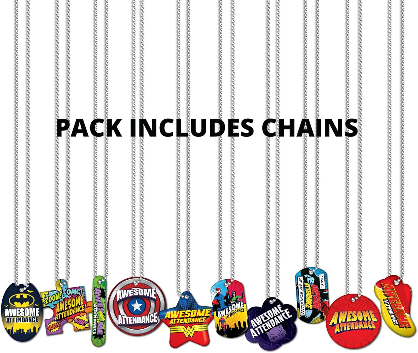 Awesome Attendance Heroes Brag Tag Value Pack to Improve Student School & Classroom Attendance: 100 Tags (10 Tags for Each Design) + 25 USA-Made 24" Hypoallergenic Aluminum Safety Chains