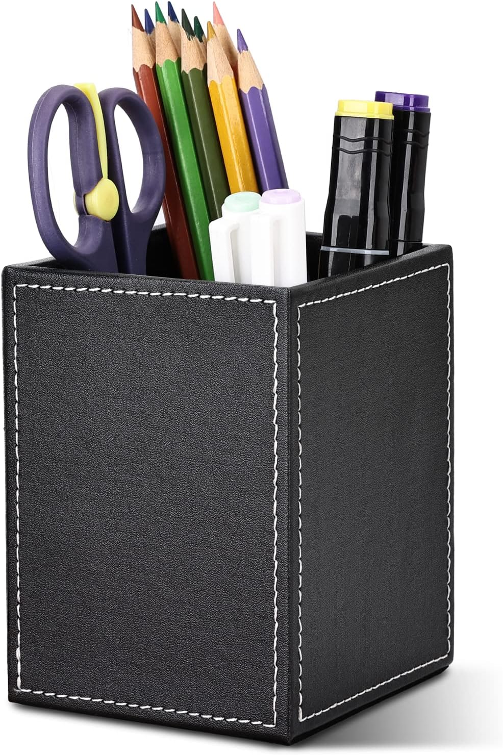 KINGFOM 3PCS/SET Desk Organizers and Accessories, Pu Leather Office Supplies Organization Set with Tissue Holder, Pencil Holder and Business Name Cards Stand Black