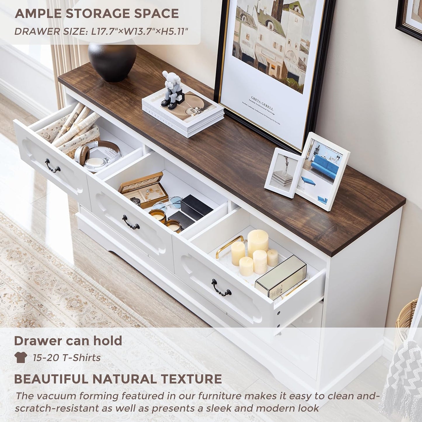 LIDYUK 9 Drawer Dresser for Bedroom Farmhouse WhiteTall Wood Chest of Drawers for Bedroom Dresser, Modern Rustic 59" Wide Drawers Dressers Wooden Closet and Storage Cabinet, Hallway, Living Room