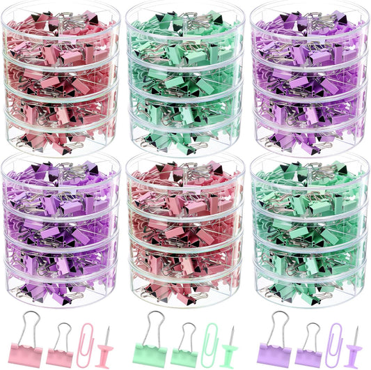 1560 Pcs Paper Clips and Binder Clips Assorted Sizes, Large Medium Small Binder Clip Paperclips Thumb Tacks, College Supplies Home Office Supplies Document Organizing(Pink, Purple, Green)