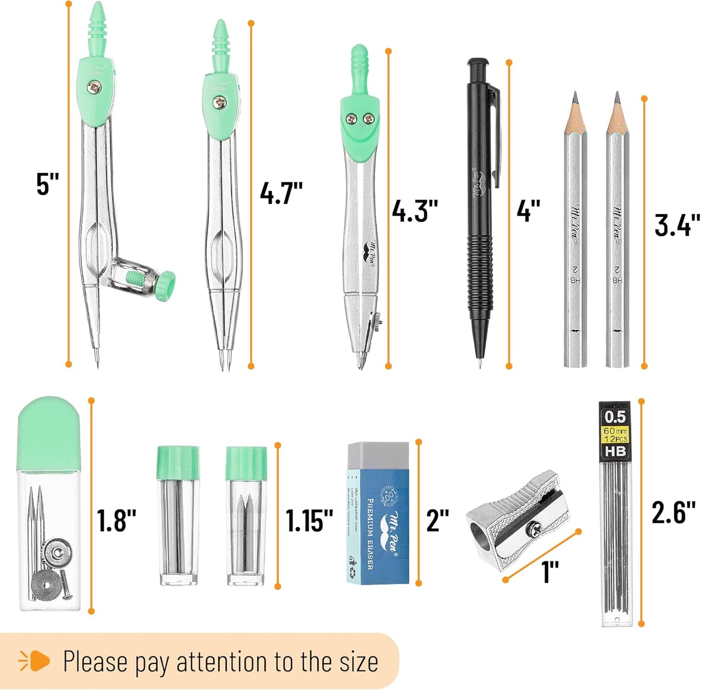 Mr. Pen- Geometry Set, 15 pcs, Green, 6 Inch Swing Arm Protractor, Divider, Set Squares, Ruler, Compasses and Protractor