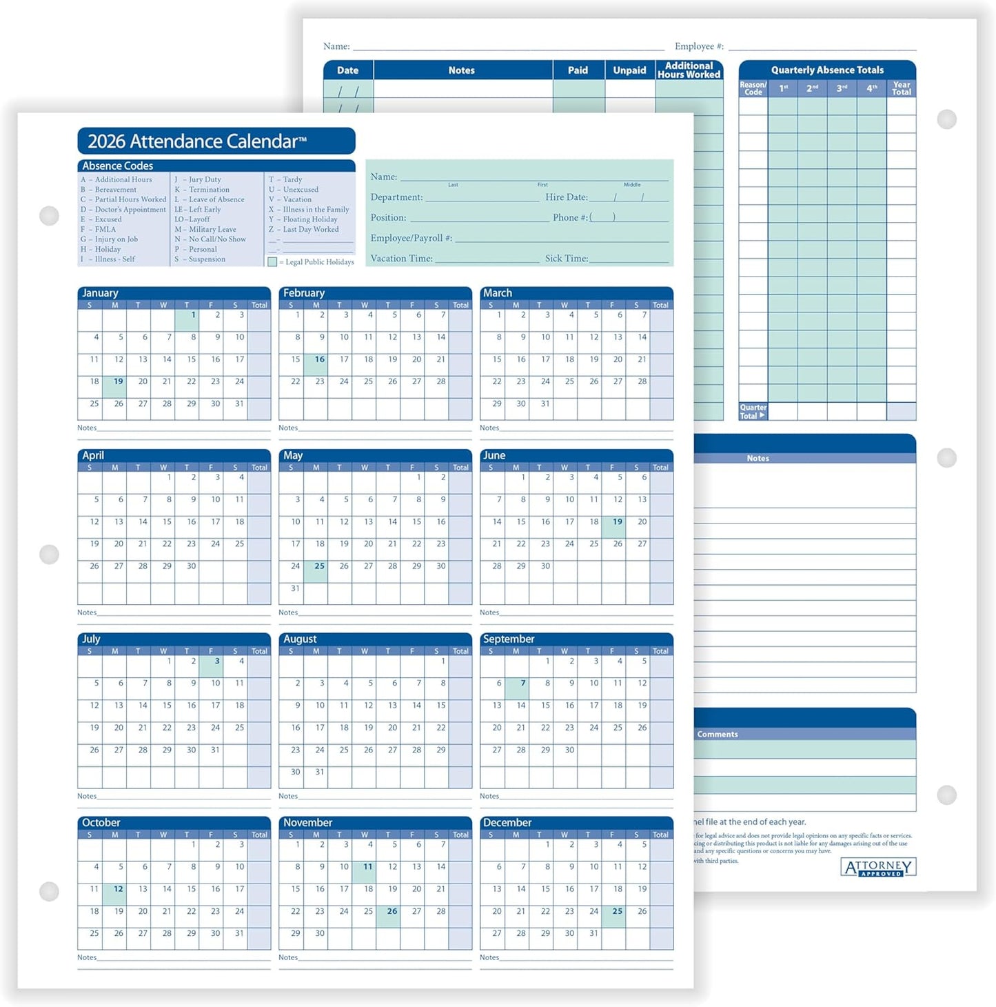 2026 Attendance Calendar Card, White, Pack of 50