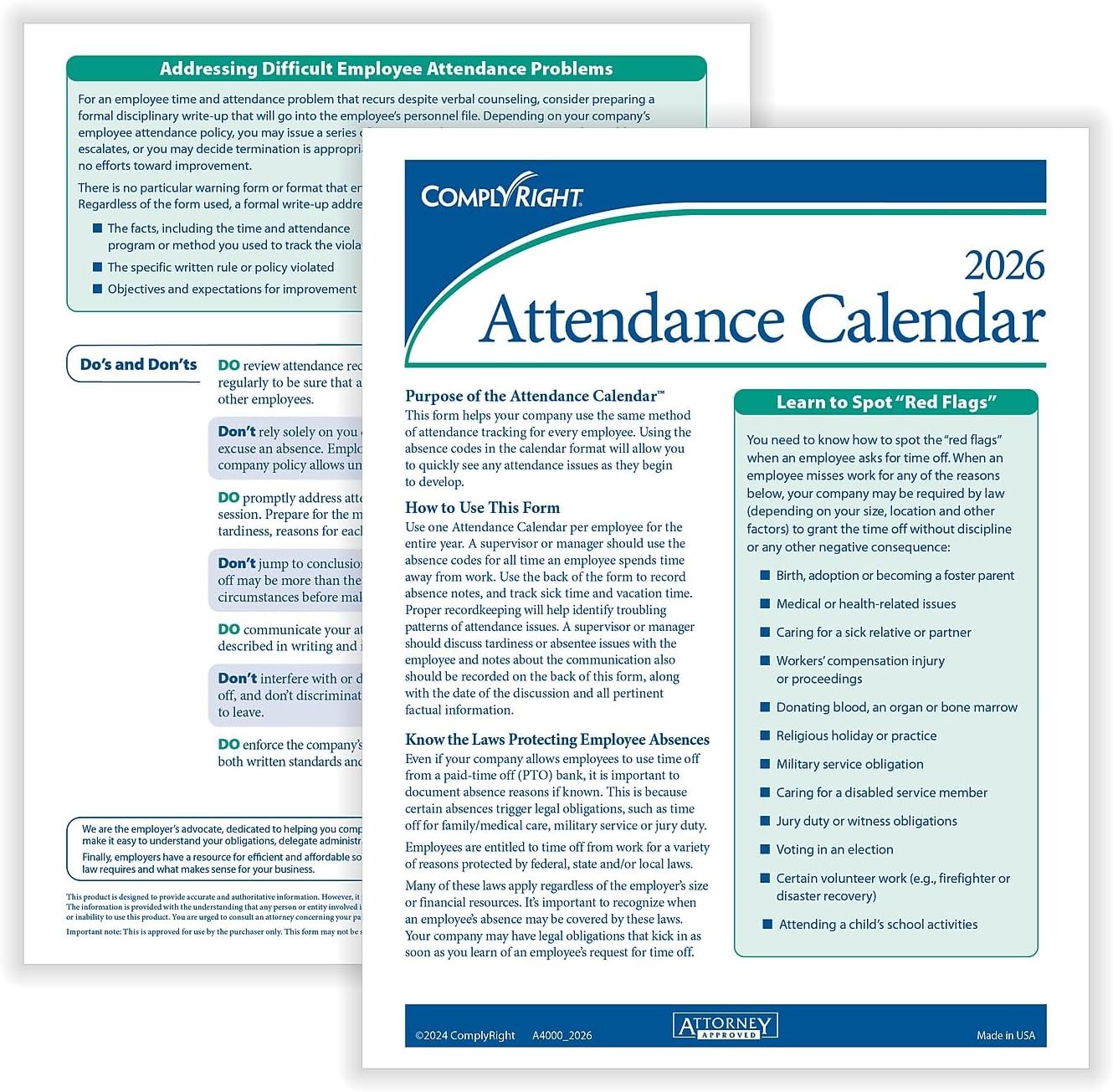 2026 Attendance Calendar Kit, White, Pack of 100