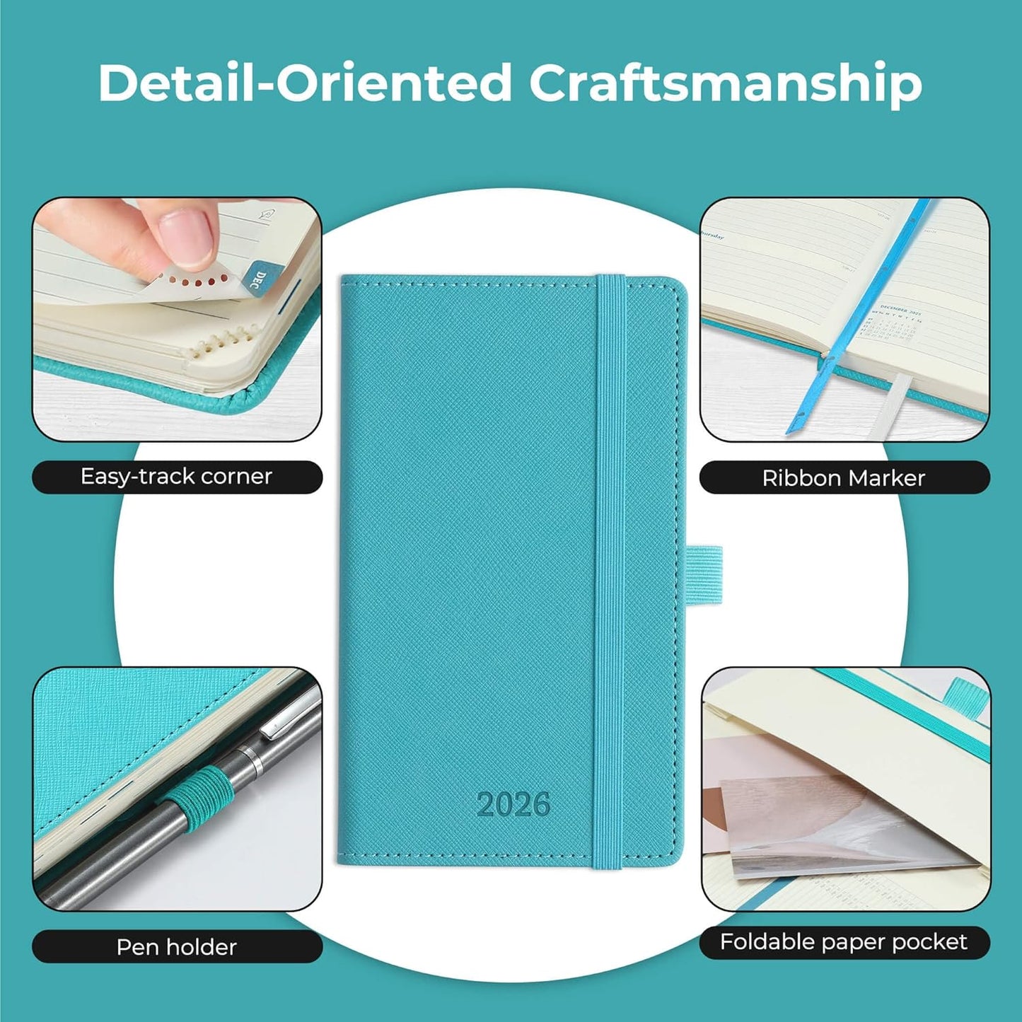 Weekly Monthly 2026 Planner (Jan.26-Dec.26),6.5"x3.75",12 Months Agenda Plan with Month Tabs & Pocket,Expenses/Note Pages, Appointment Book Calendar with Vegan Leather Cover,Light Blue