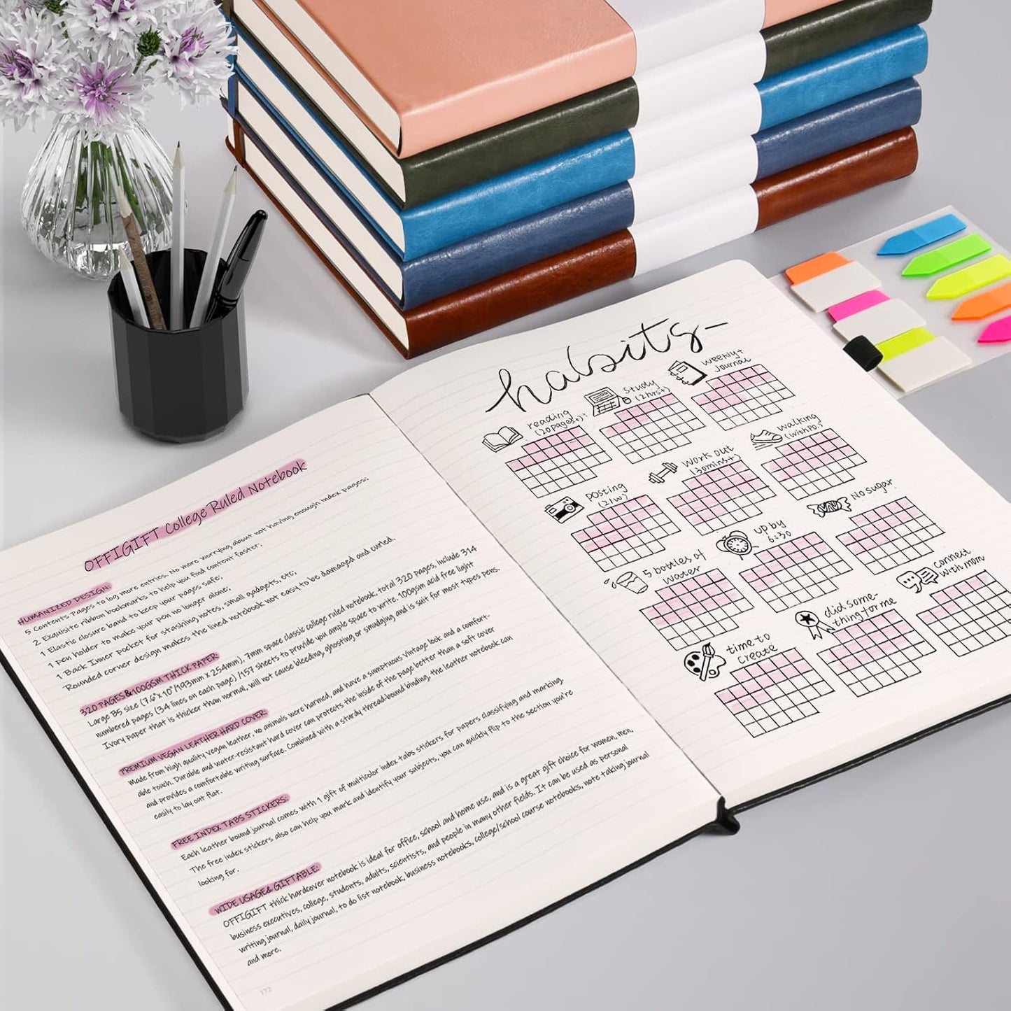 College Ruled Notebook, Large B5 Lined Journal Notebook, 314 Numbered Pages Work Notebook with Index Stickers, 100gsm Paper, Hardcover Vegan Leather Journal for Women Men School Office, Grey Blue