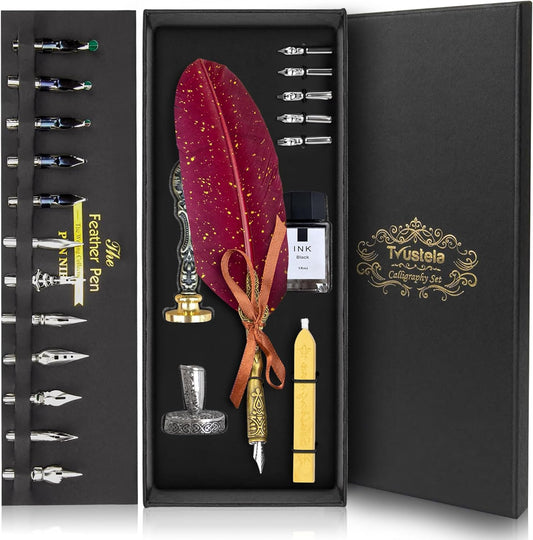Calligraphy Set - Feather Quill Pen And Ink For Beginners (RedFeather)
