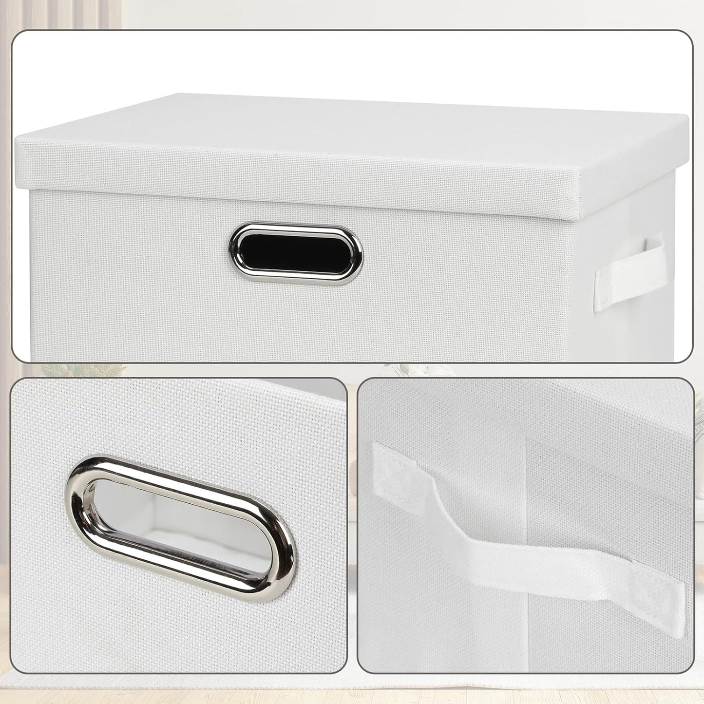 Medium 15" 21 Quart Collapsible Stackable Storage Bins with Lids, 1 Pack White Foldable Fabric Closet Storage Boxes with Lids, 4 Handles Heavy-duty Linen Cube Baskets for Bedroom