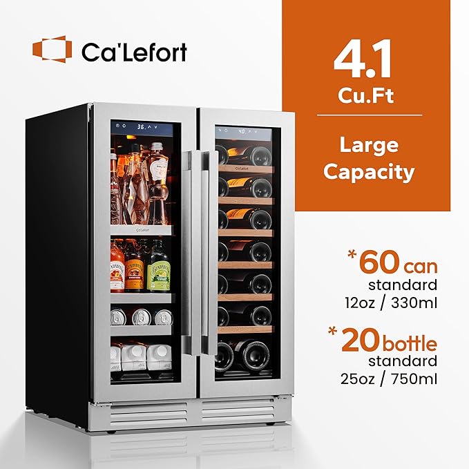 Ca'Lefort 24 Inch Wine and Beverage Refrigerator - 60 Can and 20 Bottle Wine Fridge Dual Zone 36-72°F, 3 LED Beverage Cooler Built in or Freestanding, Perfect for Home/Kitchen(4.10 cu.ft)