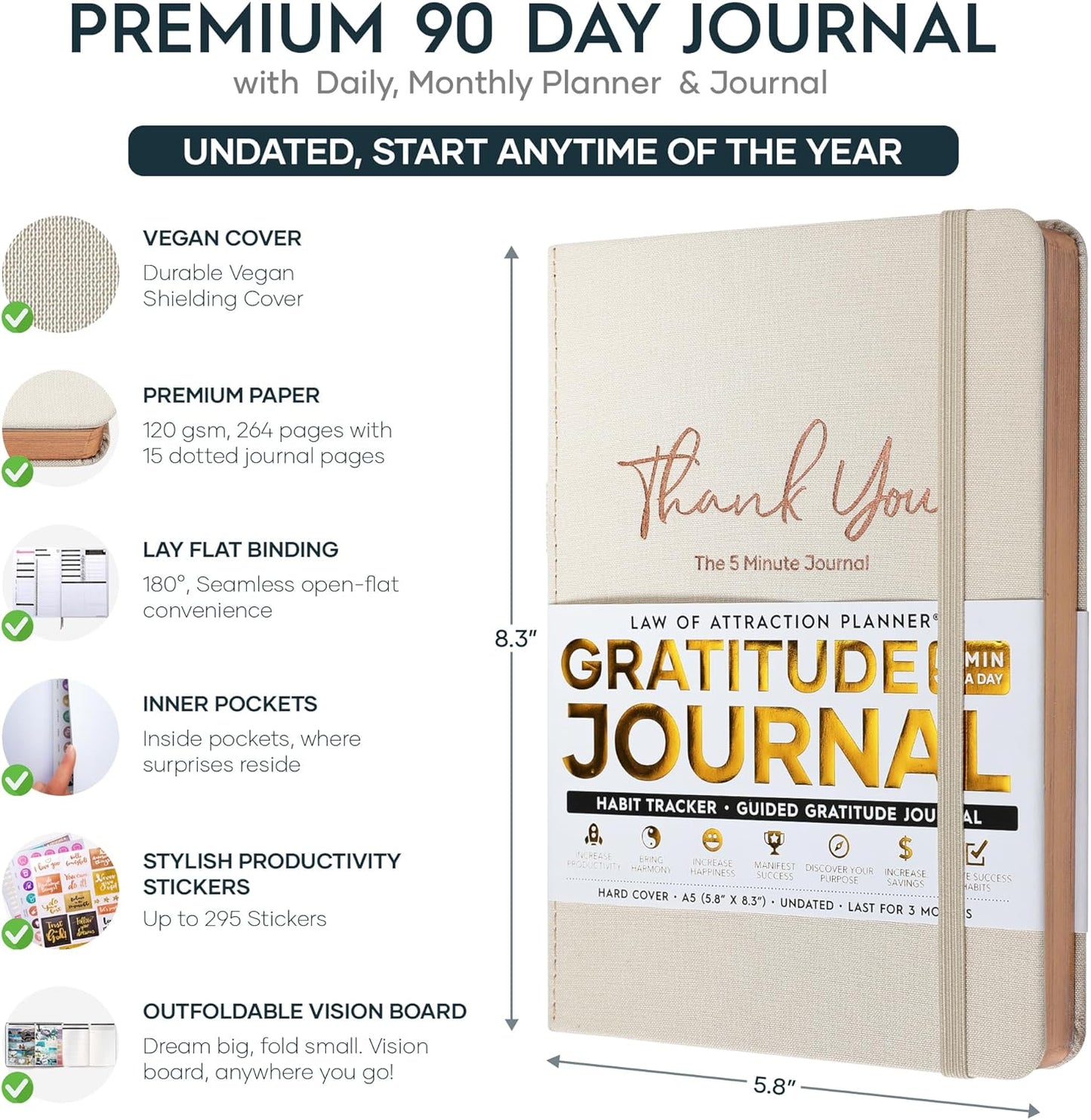 Gratitude Journal for Women & Men - 5 Minute Self Care Journal | 90-Day Undated Daily Planner for Positivity, Affirmations & Manifestation | Guided Mindfulness, Reflection | Vision Board + Stickers