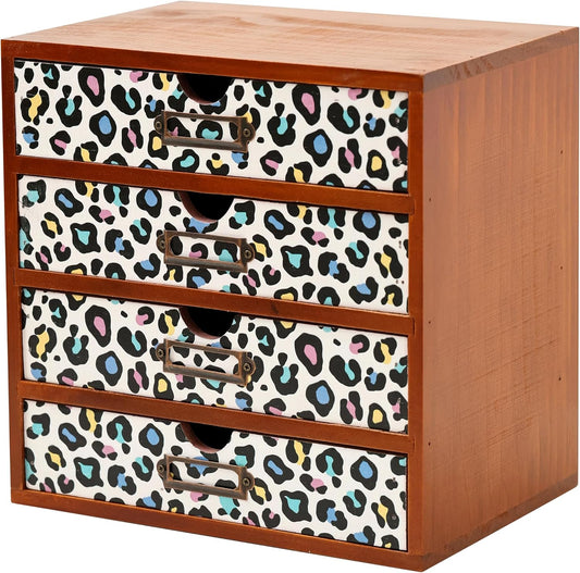 Colorful Leopard Print Wooden Desk Organizer - 4-Drawer Desktop Storage Cabinet for Office Supplies, Craft Tools & Home Organization - Trendy Wood Design for Crafters, Art Enthusiasts, Students