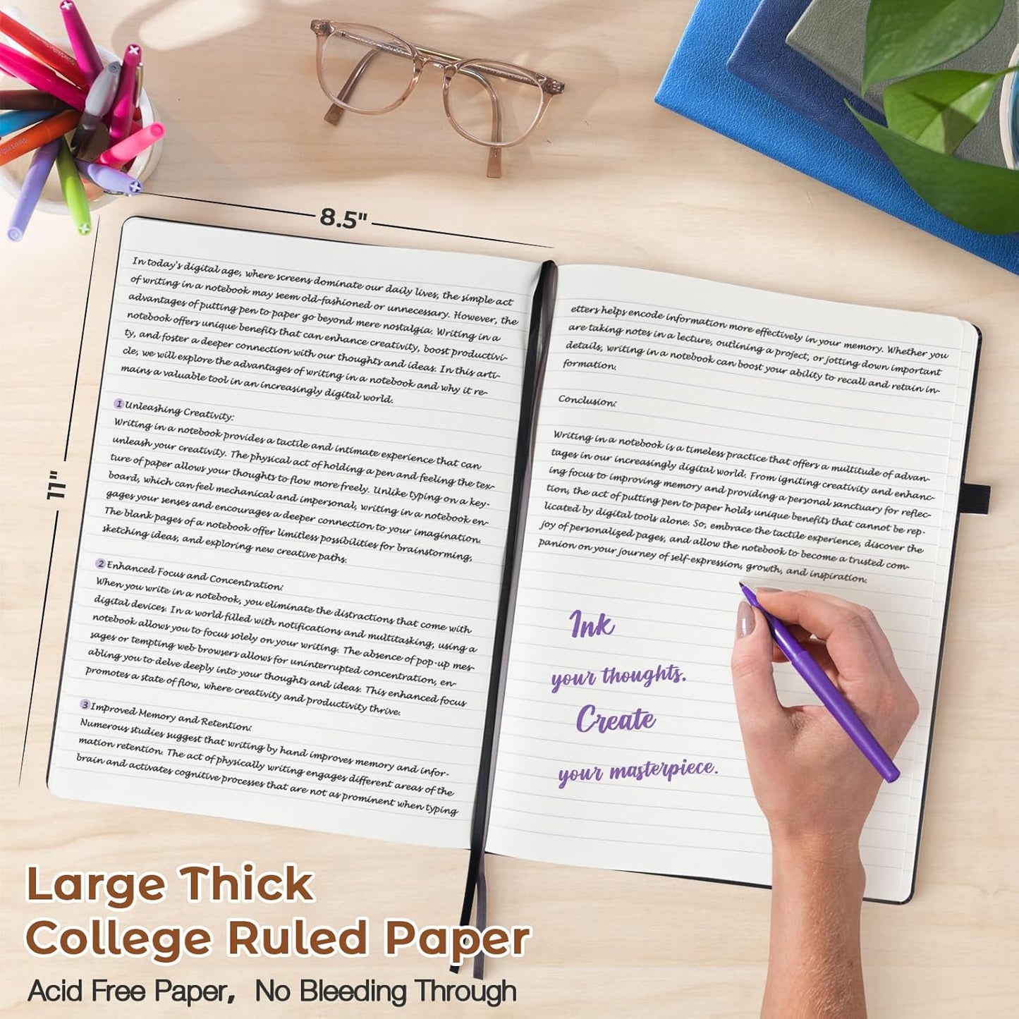 College Ruled Notebook, A4 Hardcover Leather Notebook for Work, Lined Notebook Journal for Women, Men, 192 Thick Paper, 8.5" x 11", Large Notebook with Pockets, Professional Business Notebook, Brown