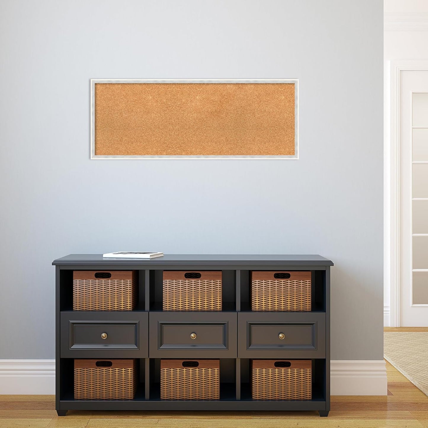 Amanti Art Natural Cork Board for Wall, 15x39 Vision Board with White Frame, Medium Corkboard Office Decor for Home Organization, Modern Corkboard Pinboard to Display Items for Home Organization in