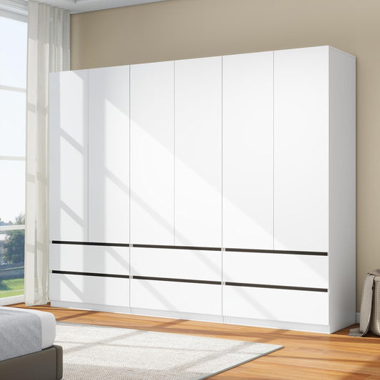 White Wardrobe Closet with Doors: 75" Large Capacity Bedroom Armoire, Wooden Cabinet with 6 Drawers, Hanging Storage Shelves with Hanging Rod (Contemporary, 3)