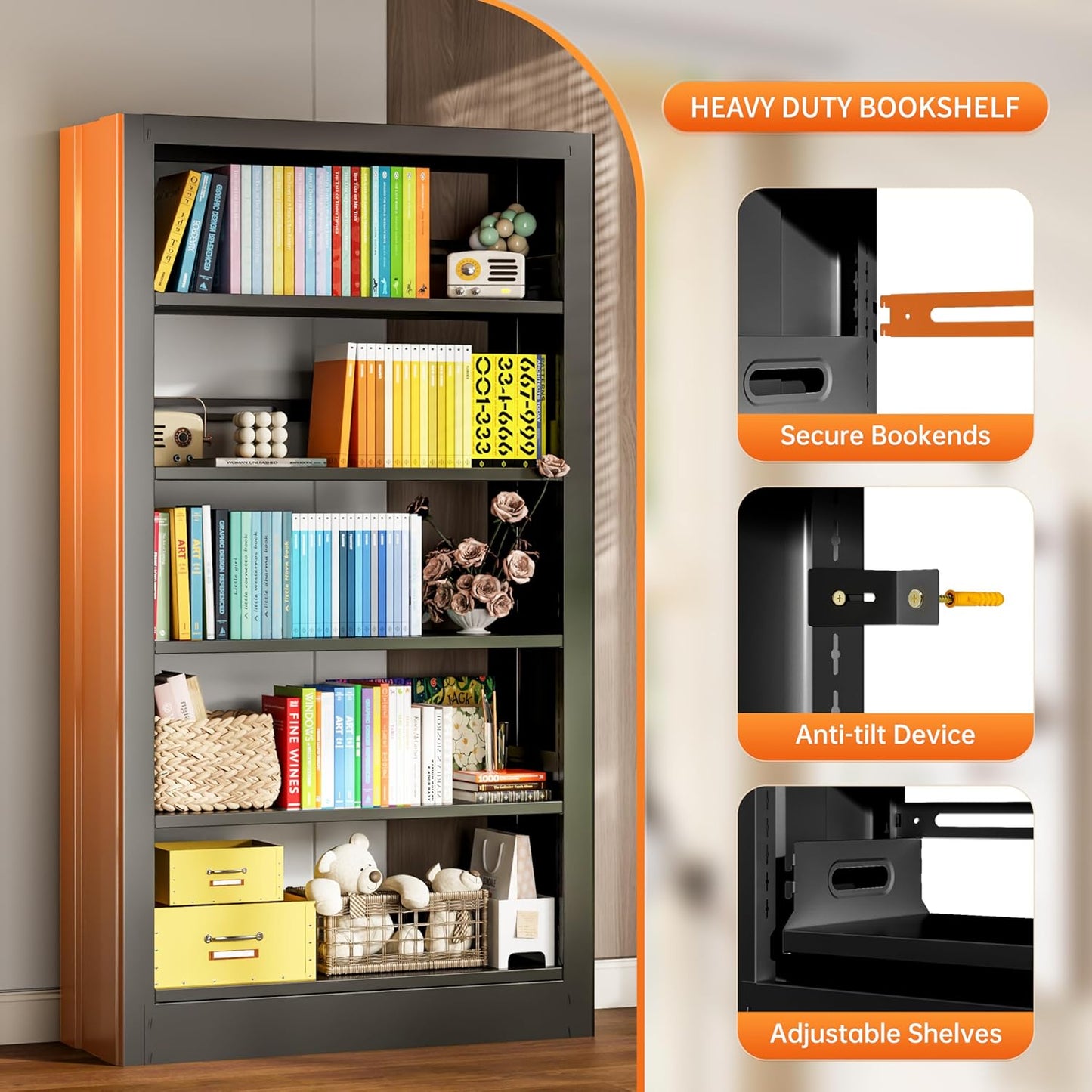 5-Tier Bookcase with Adjustable Storage Shelves, Metal Bookshelf with Book Stopper, Bookcase Shelf for Library, Office, Living Room (Black-2)