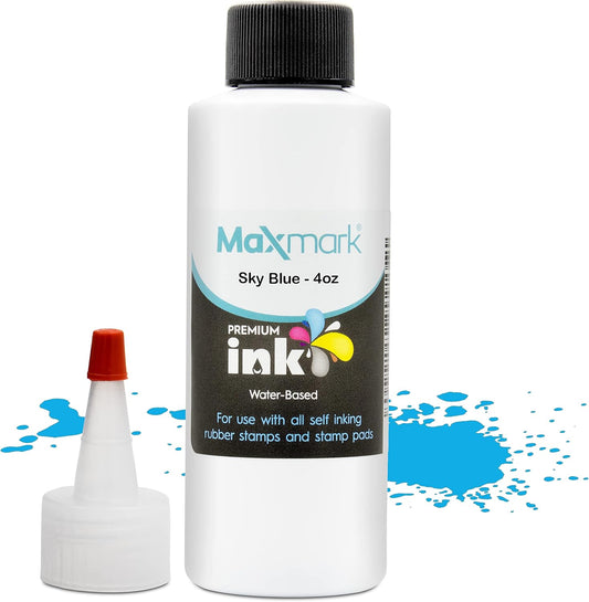 MaxMark Premium Refill Ink for self Inking Stamps and Stamp Pads, Sky Blue Color - 4 oz.