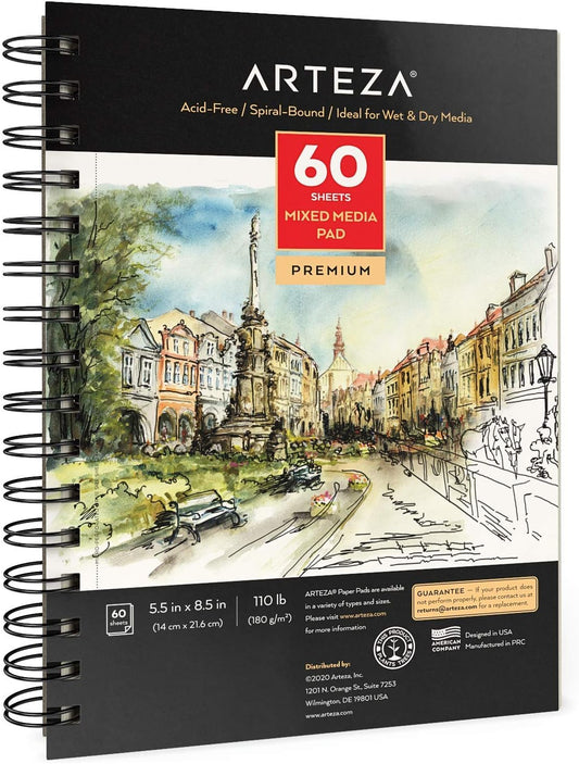 ARTEZA Mixed Media Sketchbook, 5.5 x 8.5 Inches, Pack of 1, 60 Sheets, Micro-Perforated Spiral-Bound Paper Pad for Wet and Dry Media
