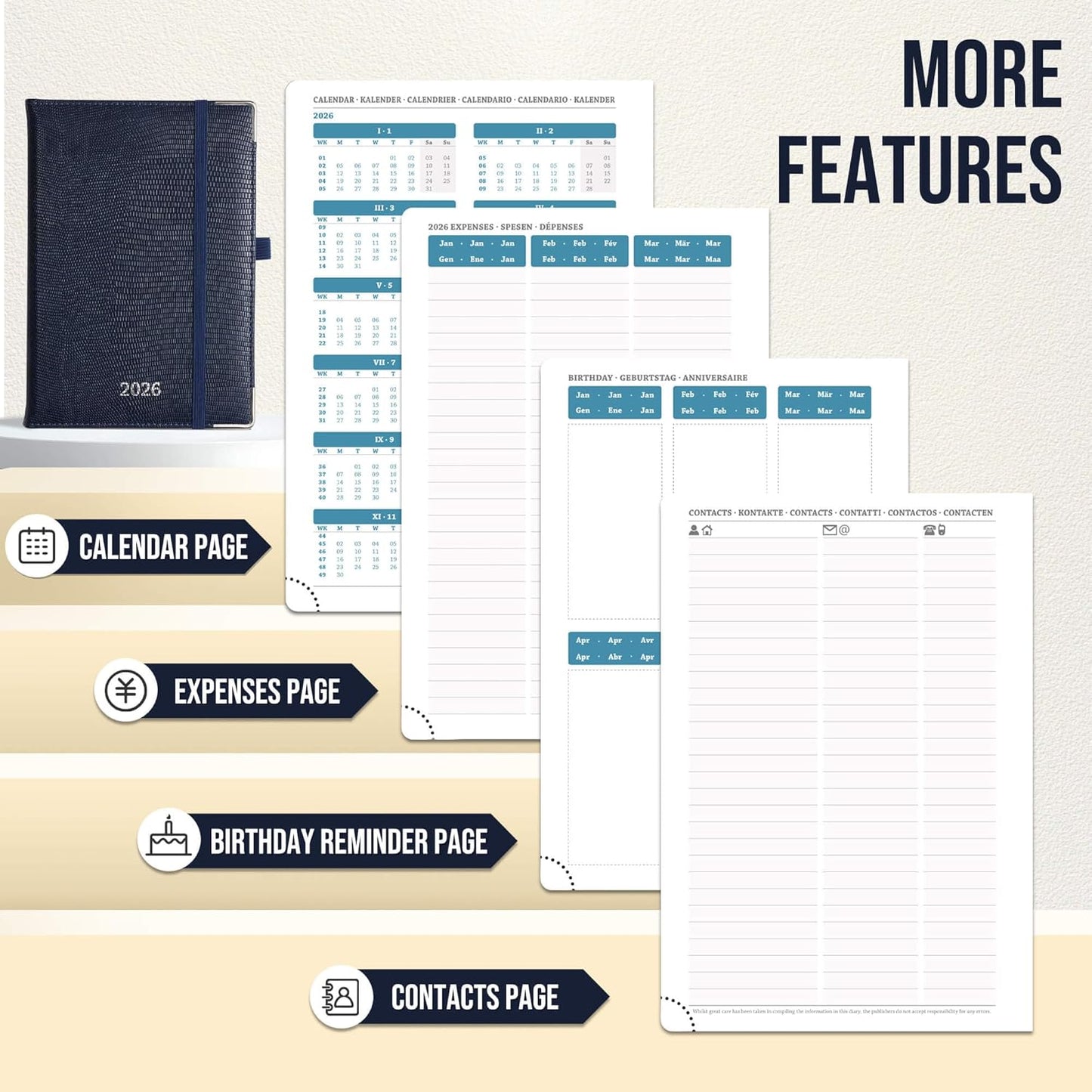 Daily Planner 2026 with One Page Per Day,(A5-8.5" x 5.9"),12 Months Calendar Hourly Appointment Book Monthly Tabs & Self-adhesive Pen Holder,Inner Pocket,Durable Vegan Leather,Dark blue