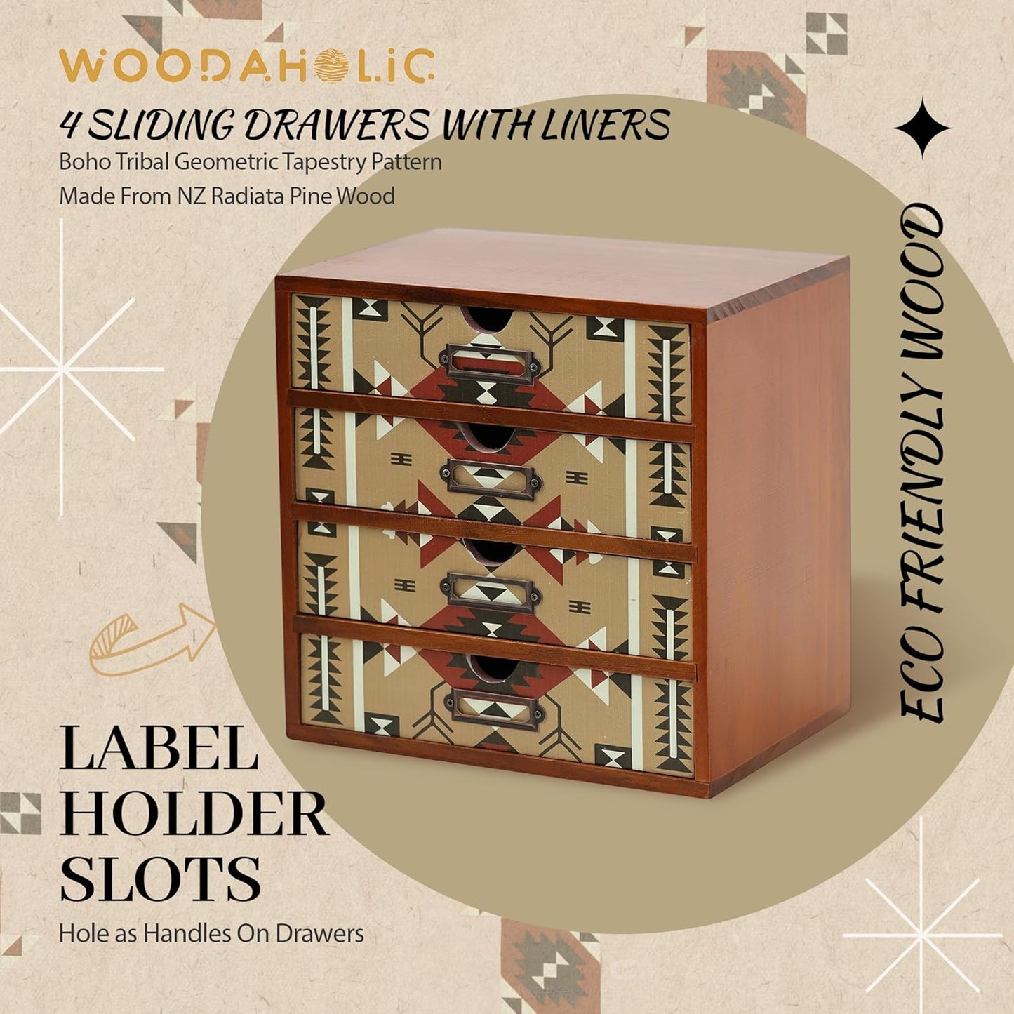 Boho Navajo Wooden Desk Organizer with Drawers – 4-Drawer Desktop Storage Box – Rustic Tribal Wood Desk Organizer for Office, Vanity, or Craft Supplies – Compact & Stylish Wooden Storage Drawers