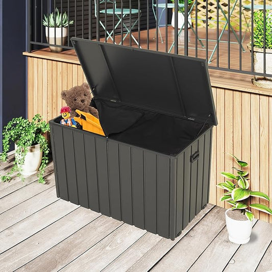 Domi Outdoor Storage Deck Box 100 Gallon, Outdoor Deck Box with Waterproof Storage Bag for Outside Cushions, Garden Tools and Pools Equipment, Gray