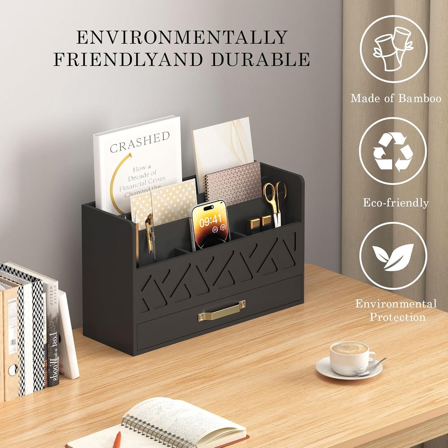 Bamboo Mail Organizer Countertop Wood Desk Organizer Drawer Tabletop Storage Box Letter Sorter Makeup Organizer for School Home Office Supplies Black