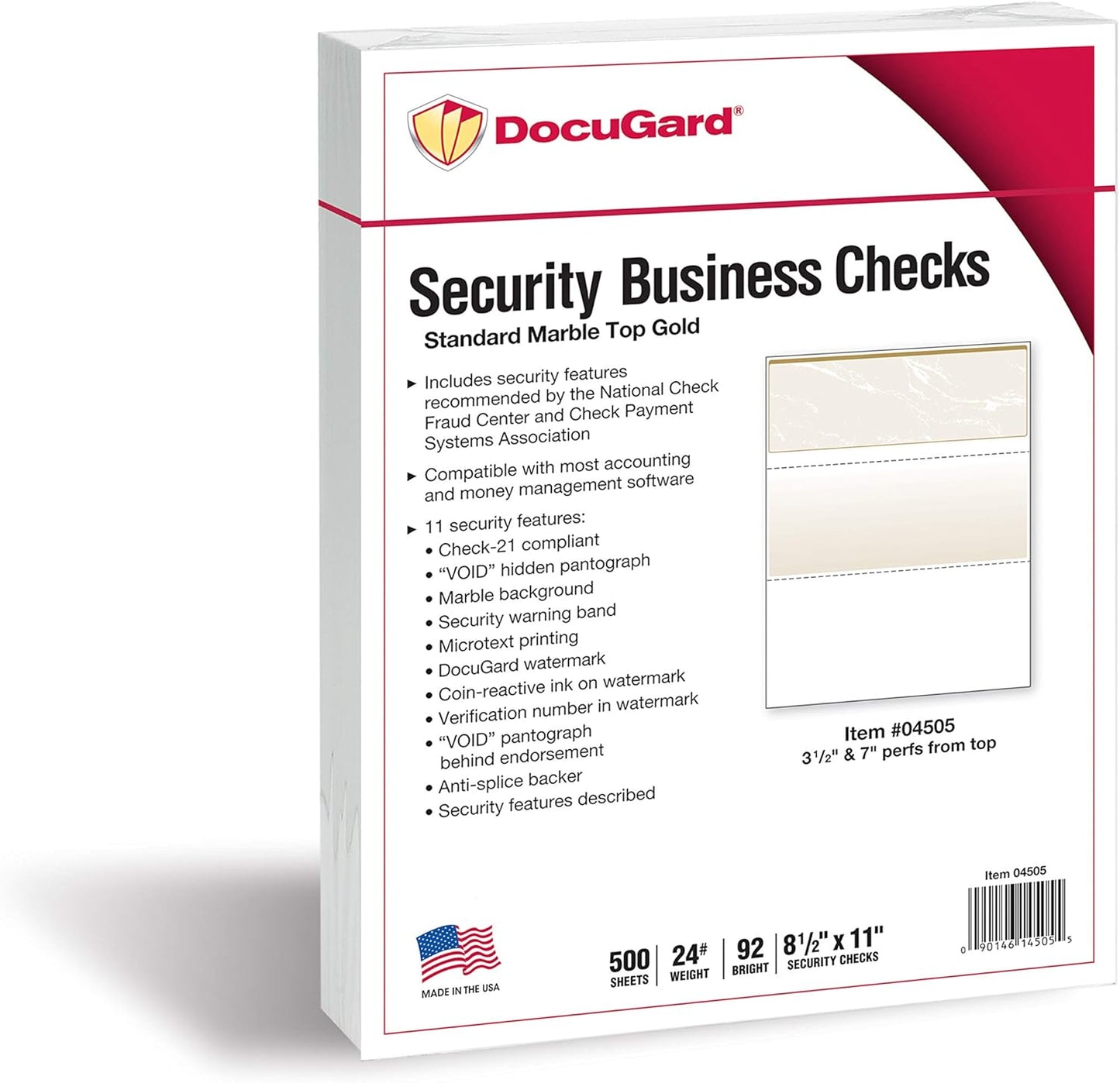 DocuGard Standard Gold Marble Top High Security Check Paper - QuickBooks & Laser/Inkjet Printer Compatible - 11 Security Features - 500 Blank Business Checks (04505)