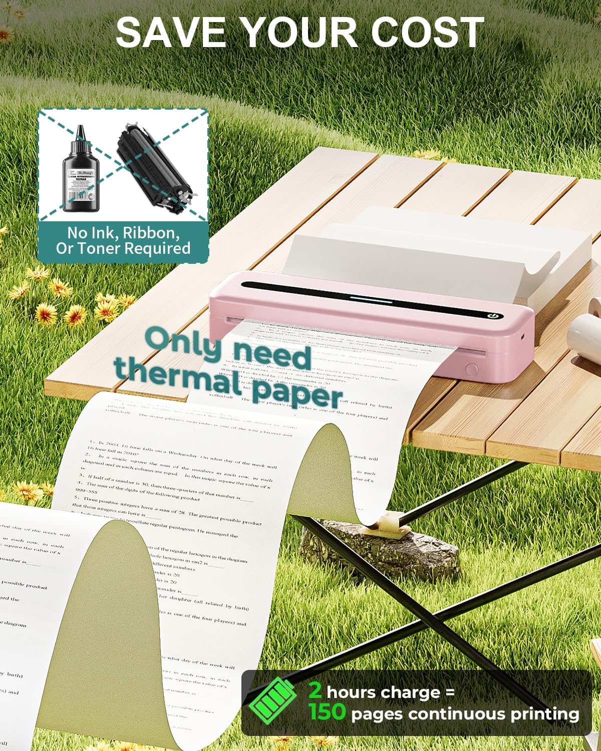 COLORWING Portable Printers Wireless for Travel, 300DPI Mini Compact Inkless Printer, Thermal Bluetooth Printer Compatible with Android and iOS Smartphone & Tablet & Laptop - Pink