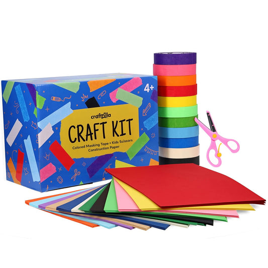 Craftzilla Arts and Crafts Kit for Kids – 11 Colored Masking Tape Rolls, 240 Sheets Construction Paper Assorterd Colors, Kid-Safe Scissors – All-in-One Kids Art Supplies Set - Arts and Craft Supplies