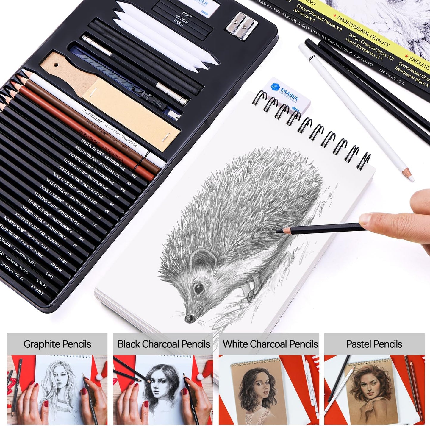 Drawing Sketching Pencils Set, 34 Pieces Pro Art Pencil Kit - Graphite Pencils (14B-4H), Charcoal Pencils, Charcoal Sticks, Artist Pencils for Beginners & Pro Artists